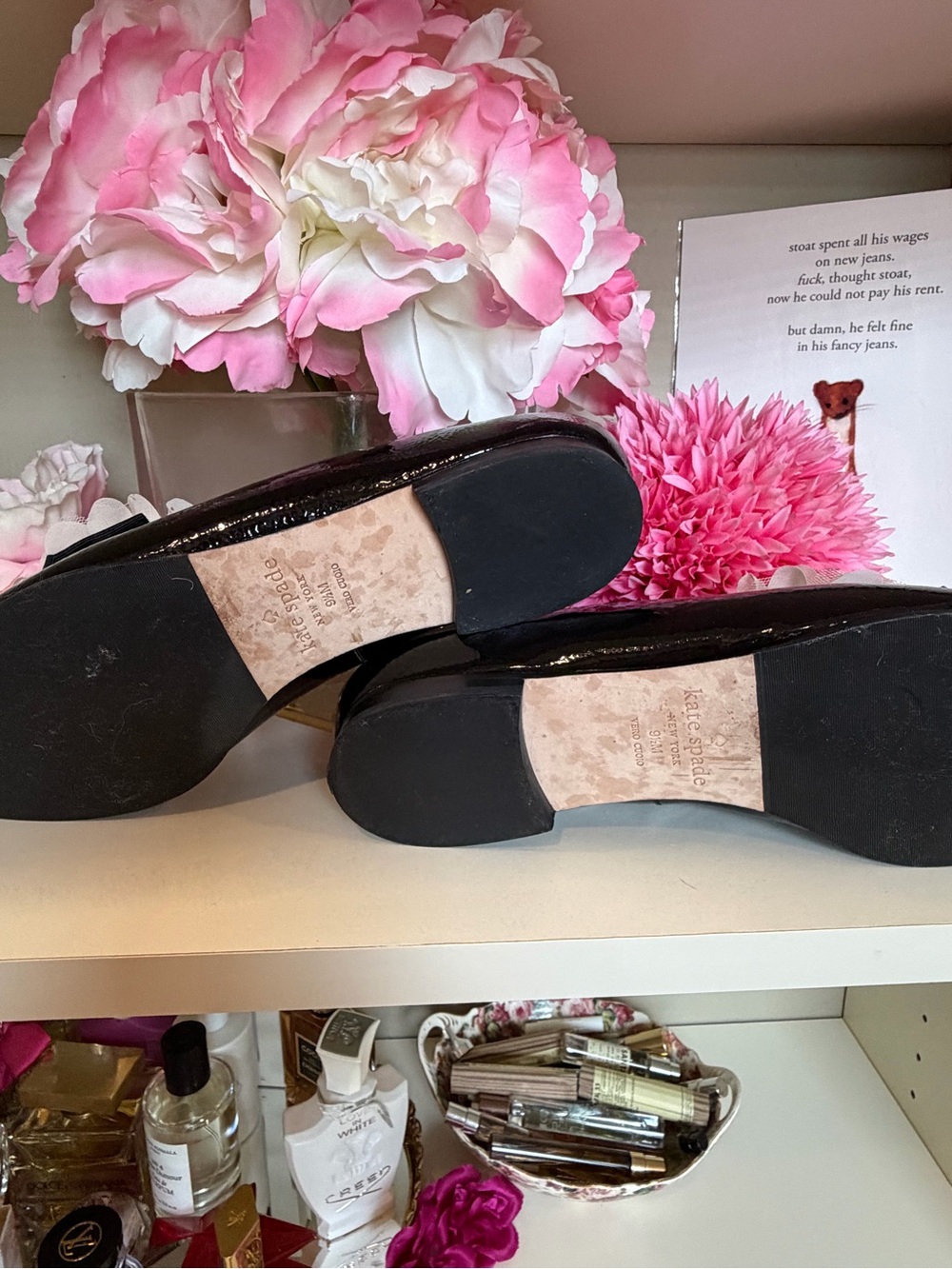 kate spade Black Patent Loafers with Cream Fabric Flowers - Picture 4 of 4